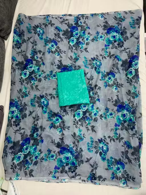 Women's Desinger Georgette Floral Printed Saree with Blouse Piece